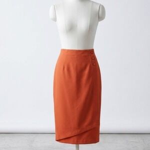VTG Louvic‎ Virgin Wool Pencil Skirt Womens 4 27" Orange Faux Wrap Midi Office